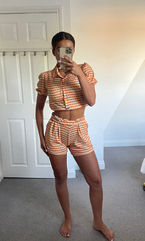 CASEY | Puff Sleeve Glitter Short Set - Orange