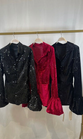 Stella | Sequin Velvet Flare-Sleeve Playsuit - Black & Silver