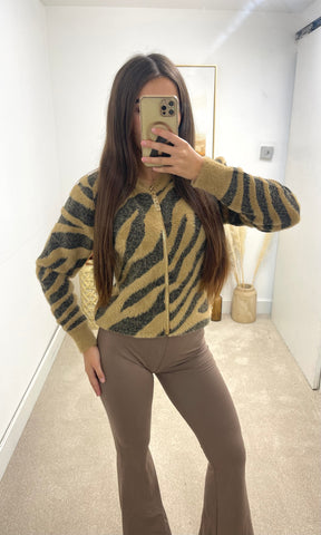 ZEBRA | Zip Fur Zebra Print Cardigan - Biscuit