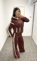 LOLA | White Trim Hooded Trouser Set - Chocolate