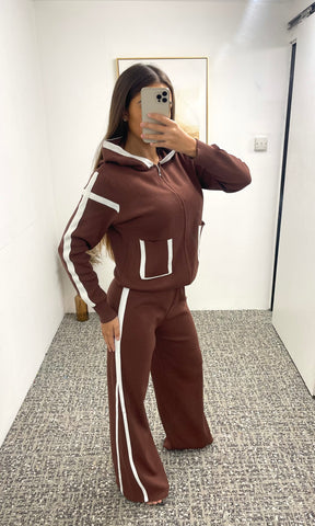 LOLA | White Trim Hooded Trouser Set - Chocolate