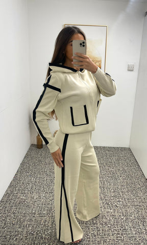 LOLA | White Trim Hooded Trouser Set - Cream