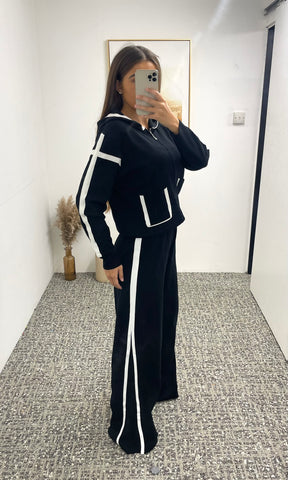 LOLA | White Trim Hooded Trouser Set - Black