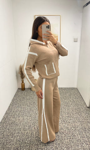 LOLA | White Trim Hooded Trouser Set - Beige