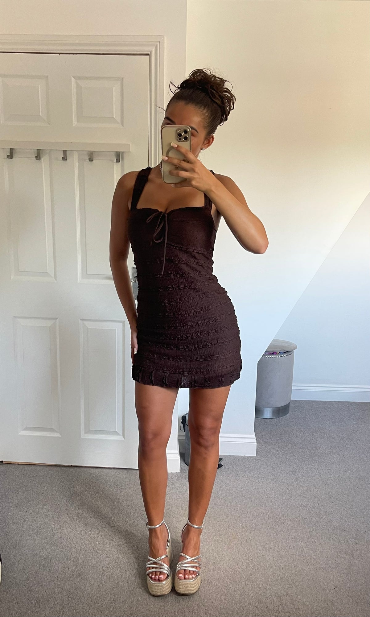 NINA | Ruffle Detail Tie Up Dress - Chocolate