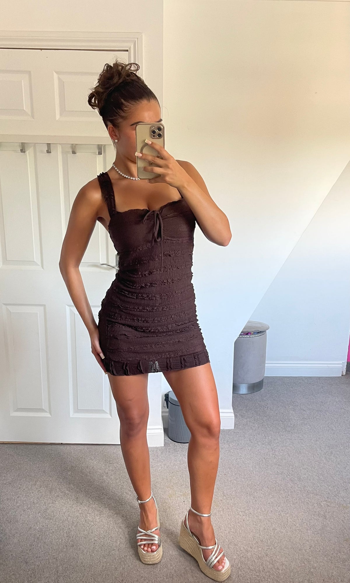 NINA | Ruffle Detail Tie Up Dress - Chocolate