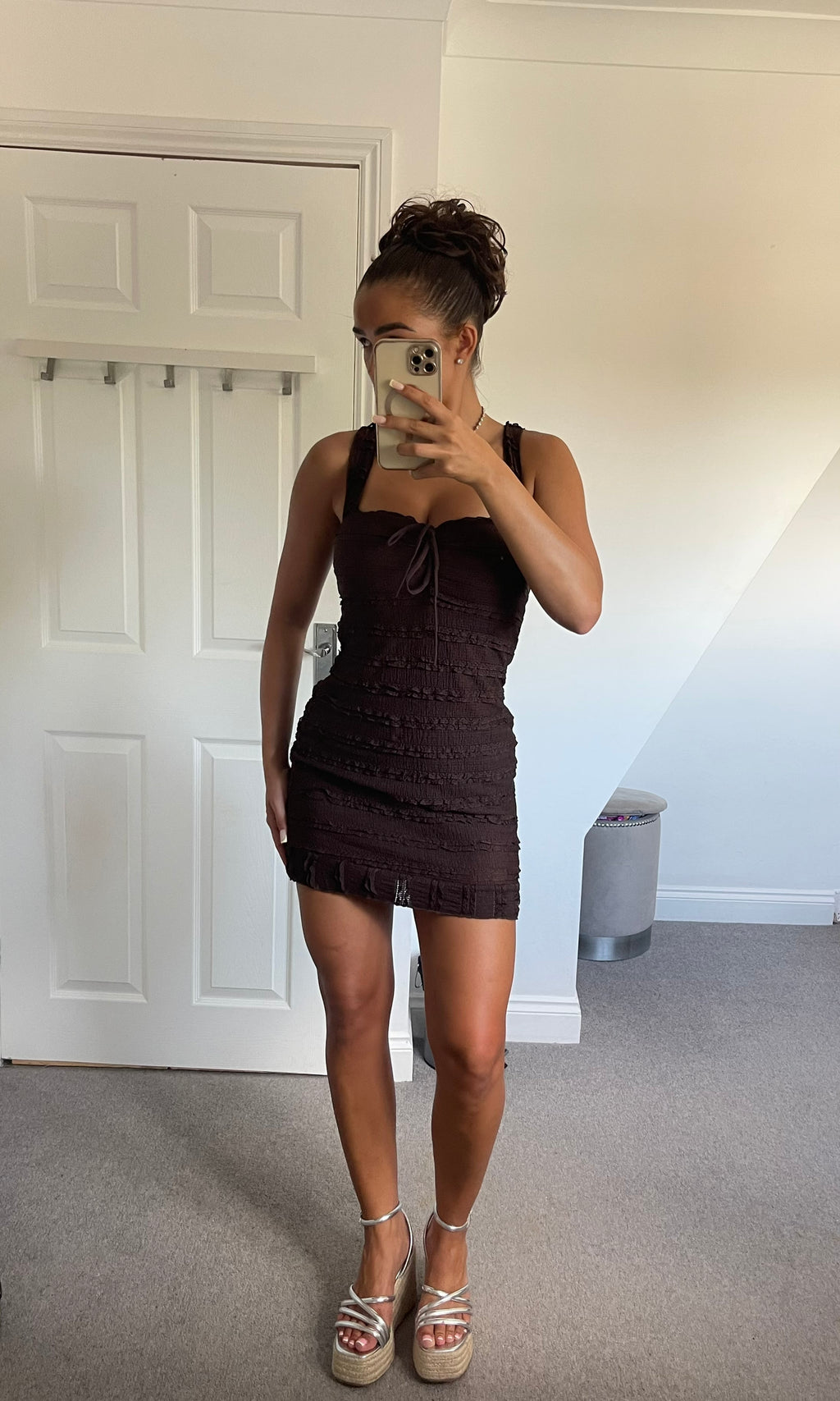 NINA | Ruffle Detail Tie Up Dress - Chocolate