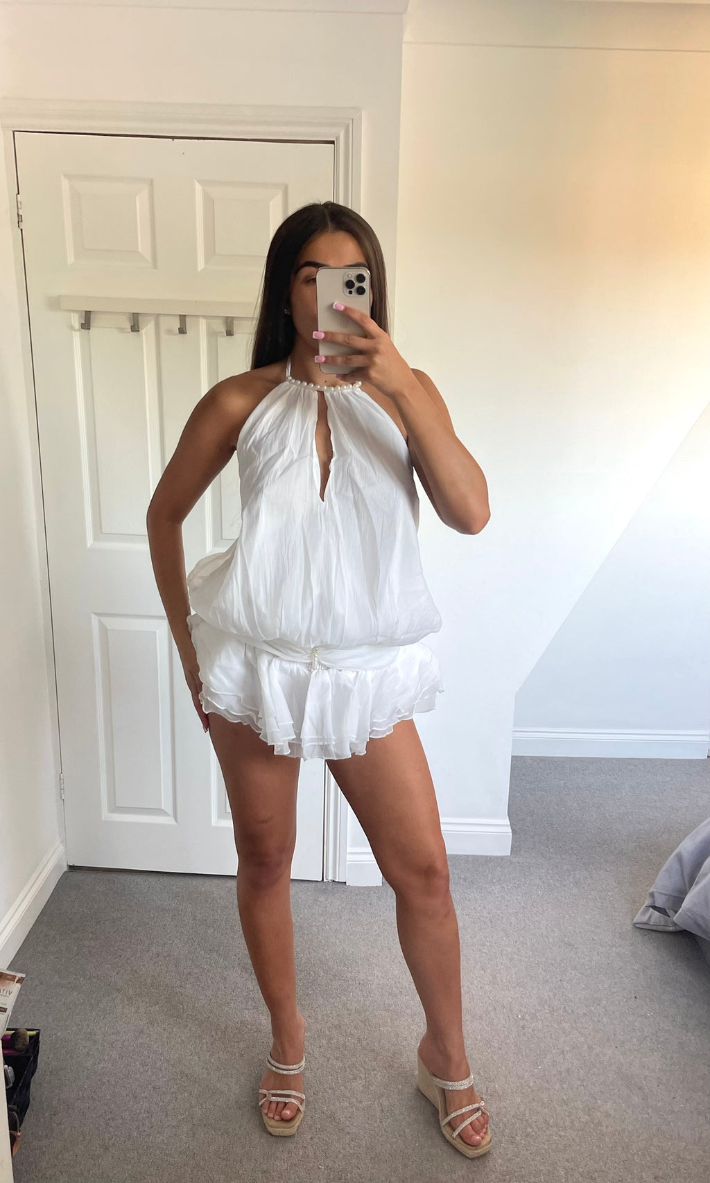 LIVY | Pearl Neckline Skort Backless Playsuit - White