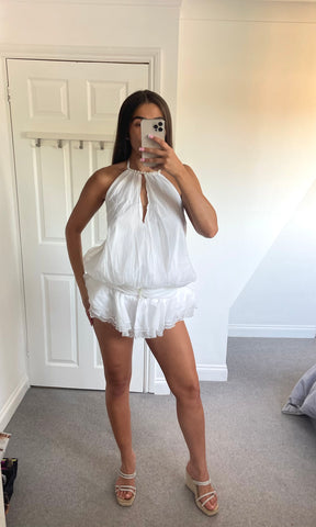 LIVY | Pearl Neckline Skort Backless Playsuit - White