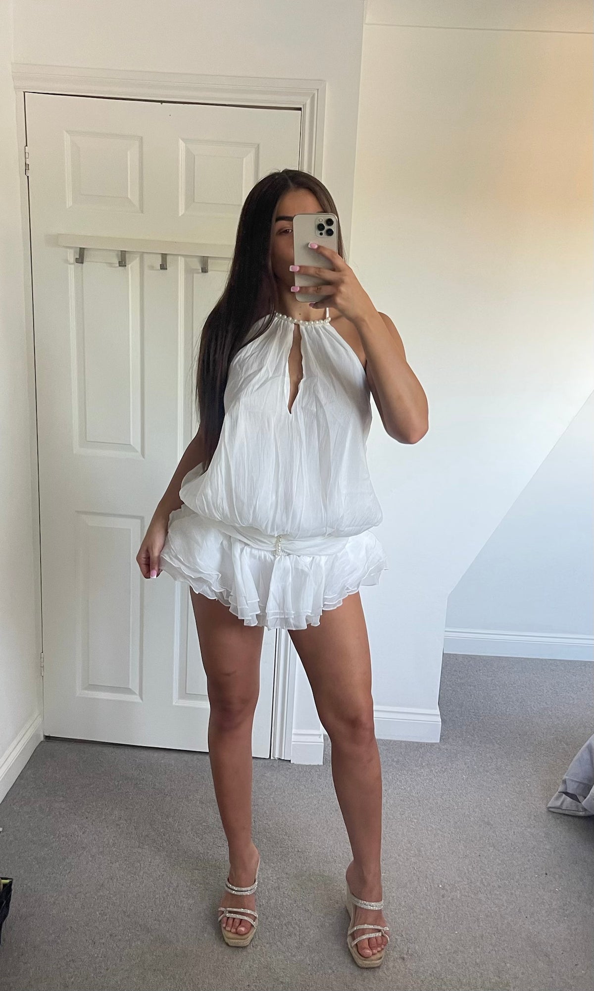 LIVY | Pearl Neckline Skort Backless Playsuit - White