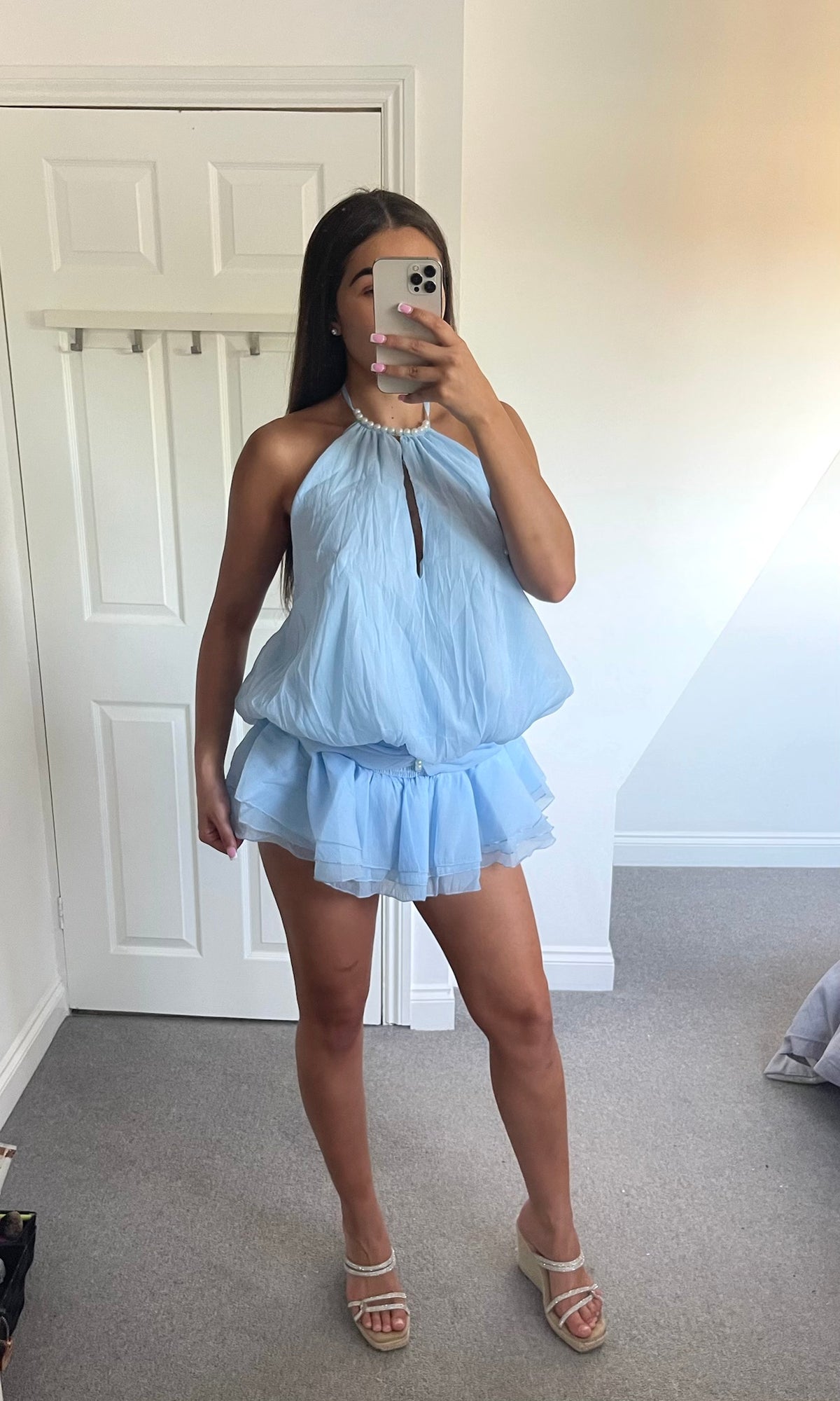 LIVY | Pearl Neckline Skort Backless Playsuit - Blue