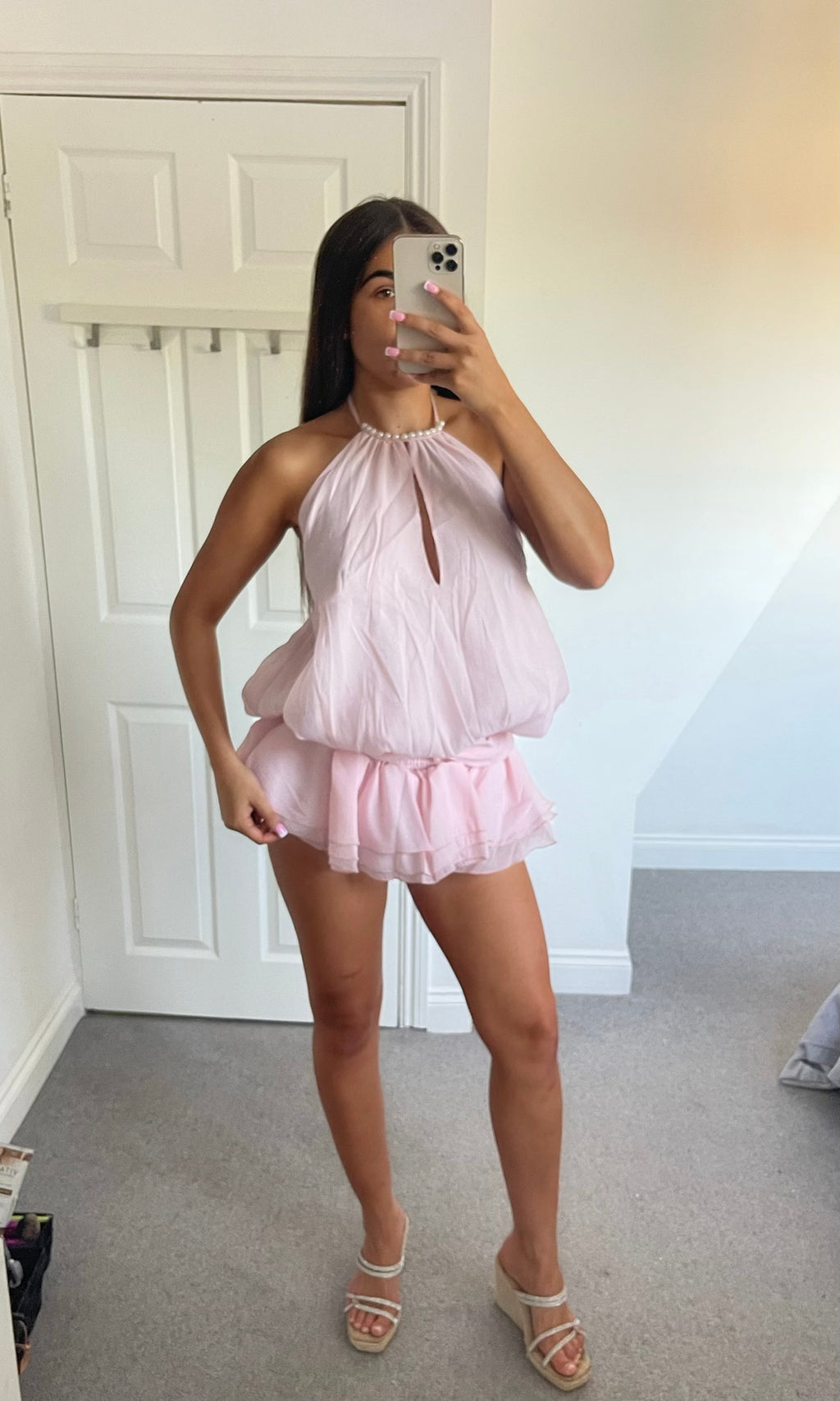 LIVY | Pearl Neckline Skort Backless Playsuit - Pink