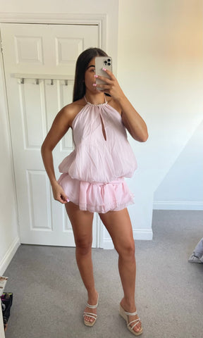 LIVY | Pearl Neckline Skort Backless Playsuit - Pink