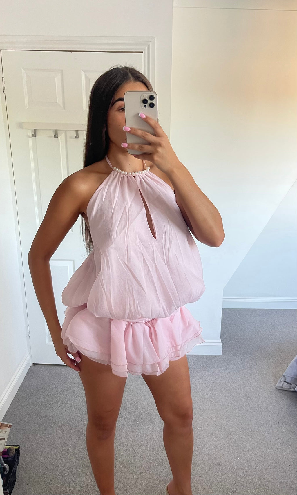 LIVY | Pearl Neckline Skort Backless Playsuit - Pink