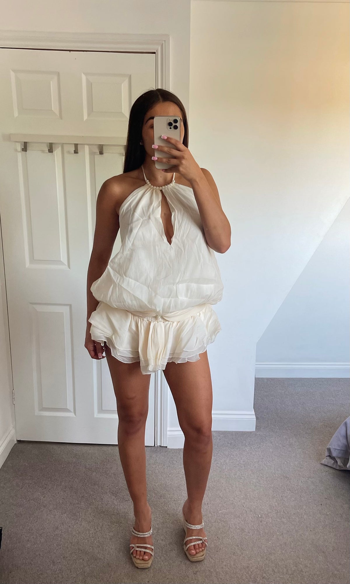 LIVY | Pearl Neckline Skort Backless Playsuit - Cream