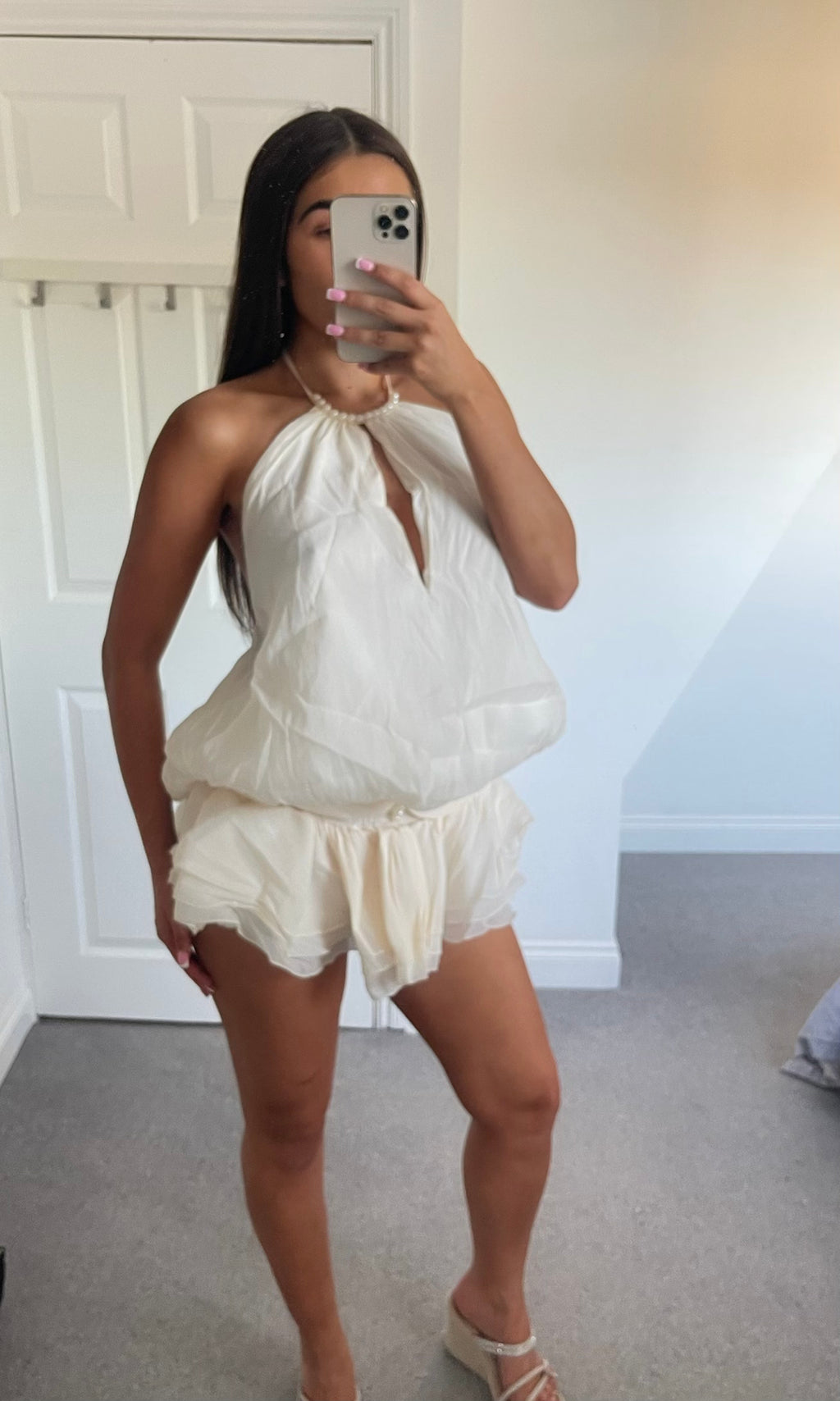 LIVY | Pearl Neckline Skort Backless Playsuit - Cream