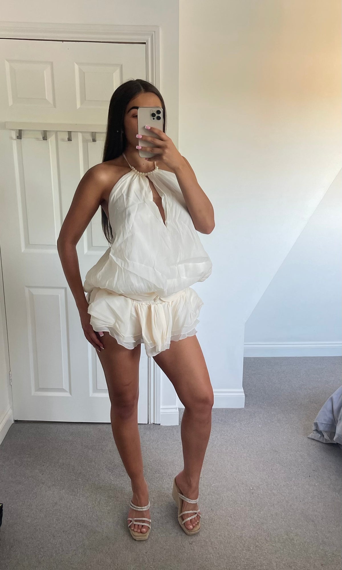 LIVY | Pearl Neckline Skort Backless Playsuit - Cream