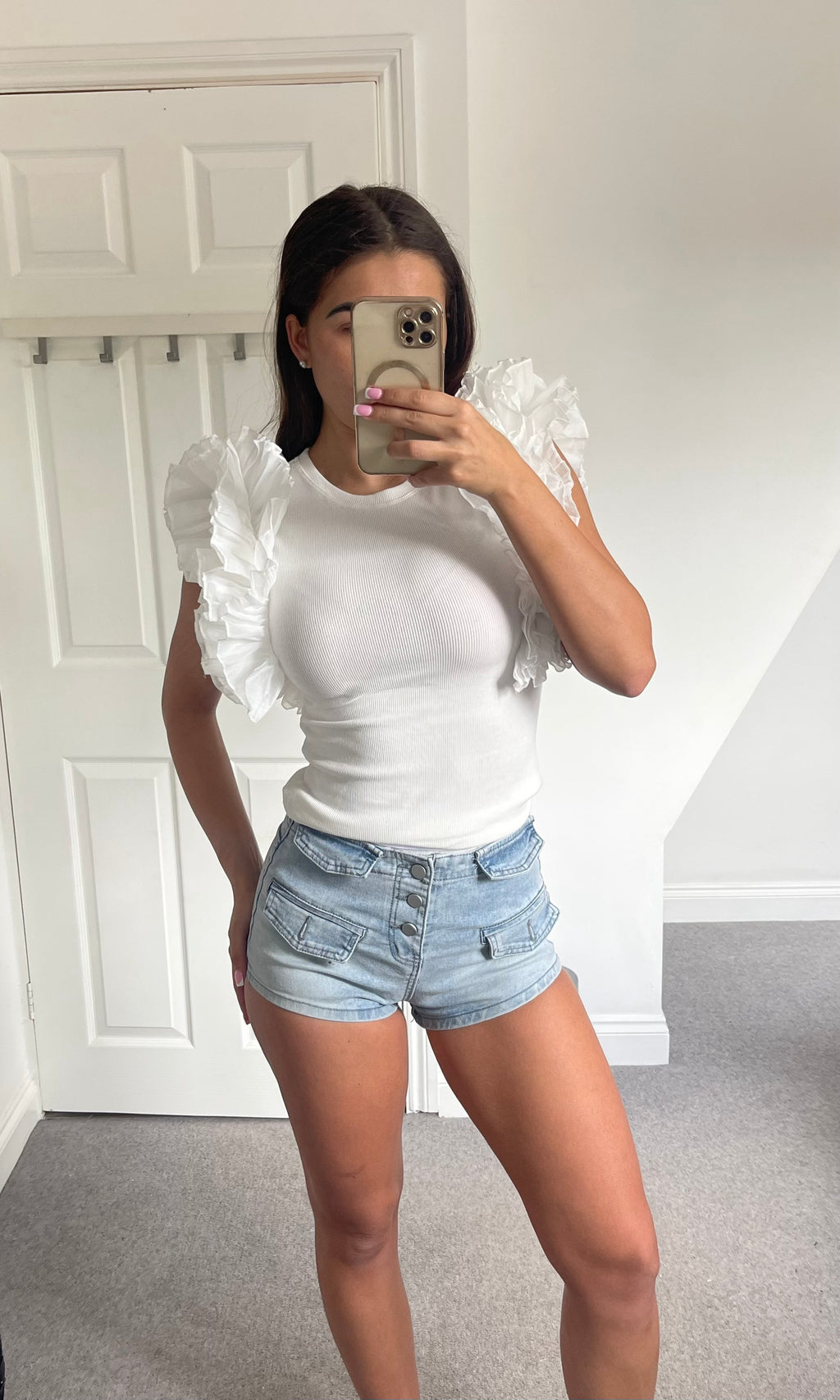 DEYA | White Waistband Denim Shorts - Blue