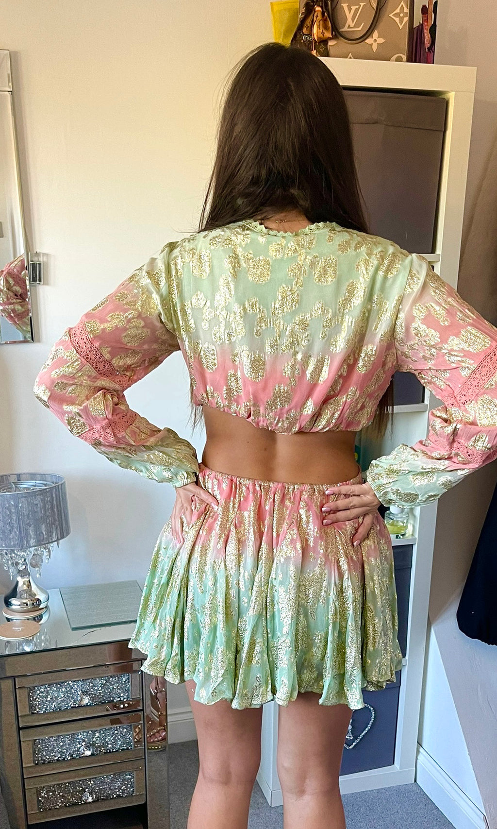 MABEL | Boho Backless Glitter Dress - Pink & Mint Green