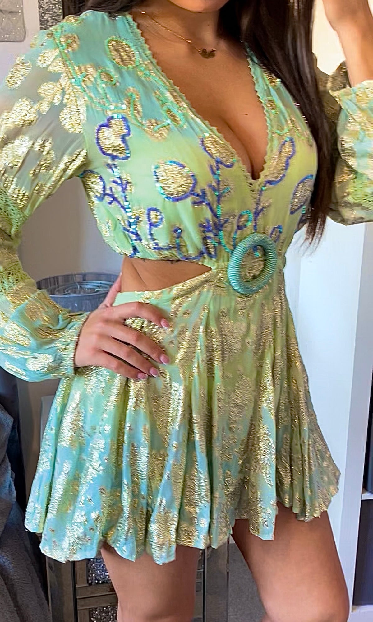 MABEL | Boho Backless Glitter Dress - Blue & Mint Green