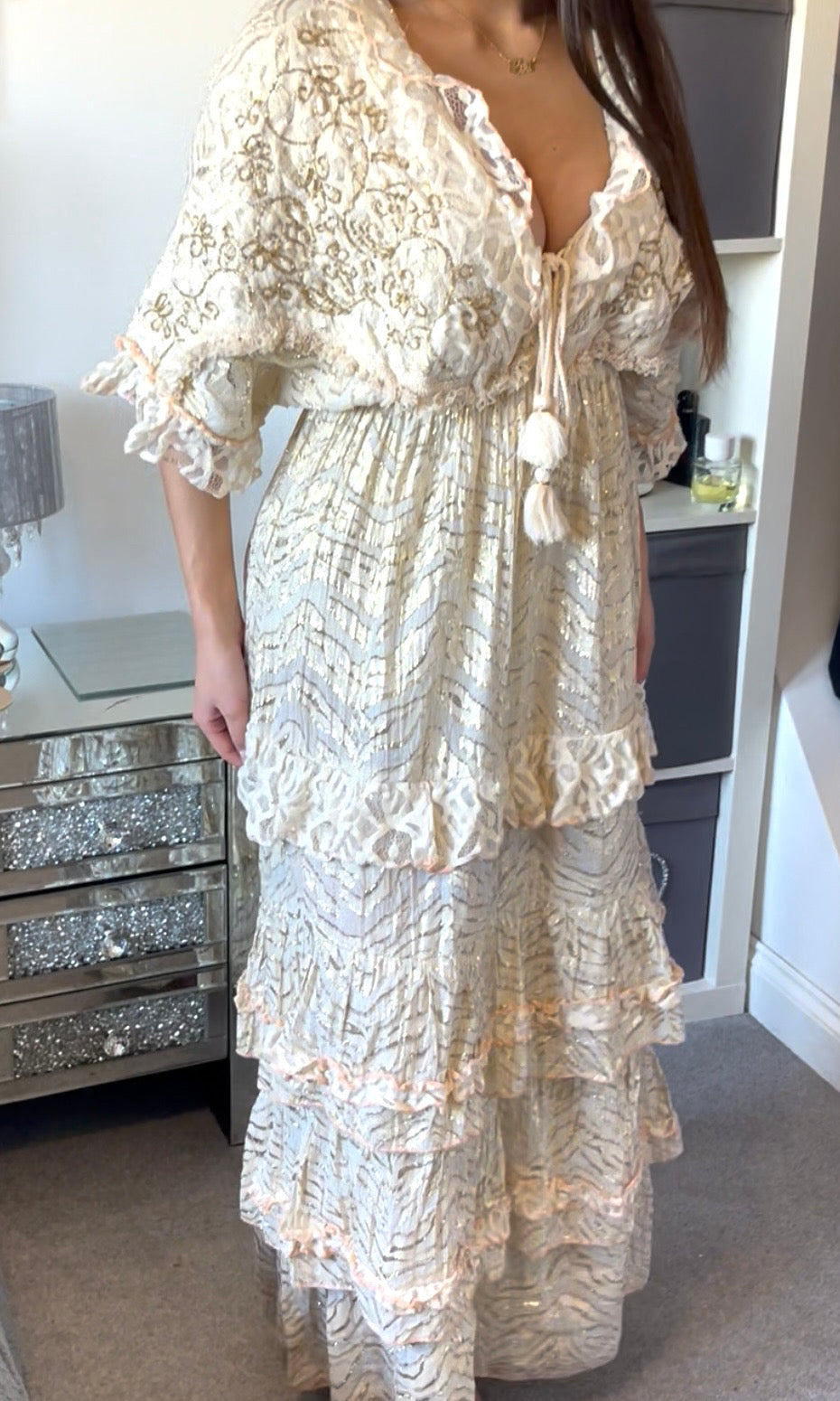 AMINA | Boho Gold Glitter Maxi Dress