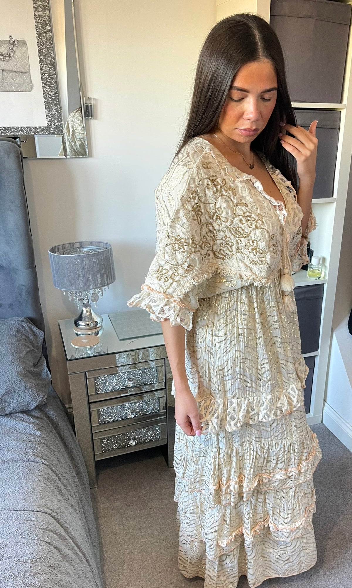AMINA | Boho Gold Glitter Maxi Dress