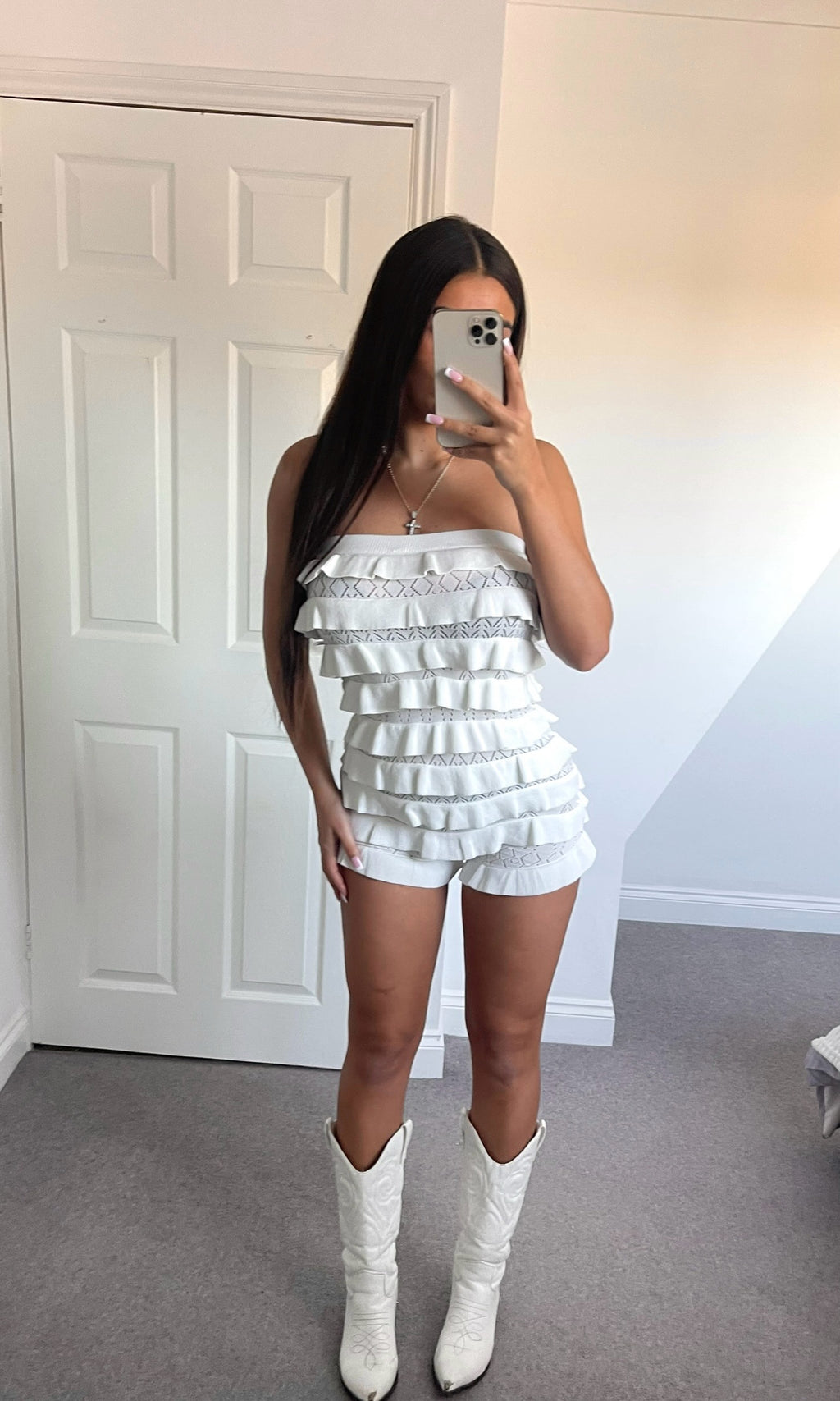 LEYLA | Ruffle Crochet Bandeau Playsuit - White