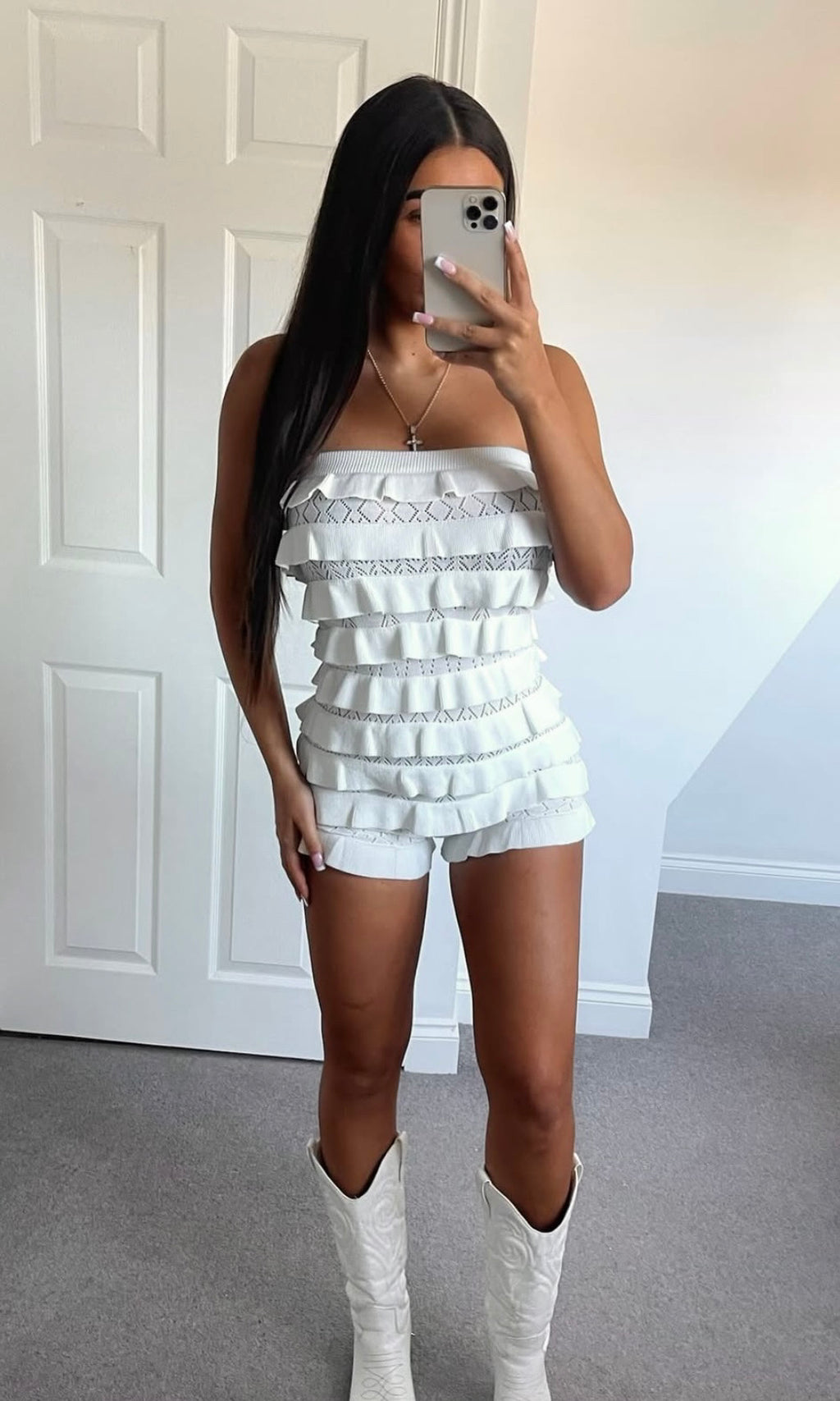 LEYLA | Ruffle Crochet Bandeau Playsuit - White