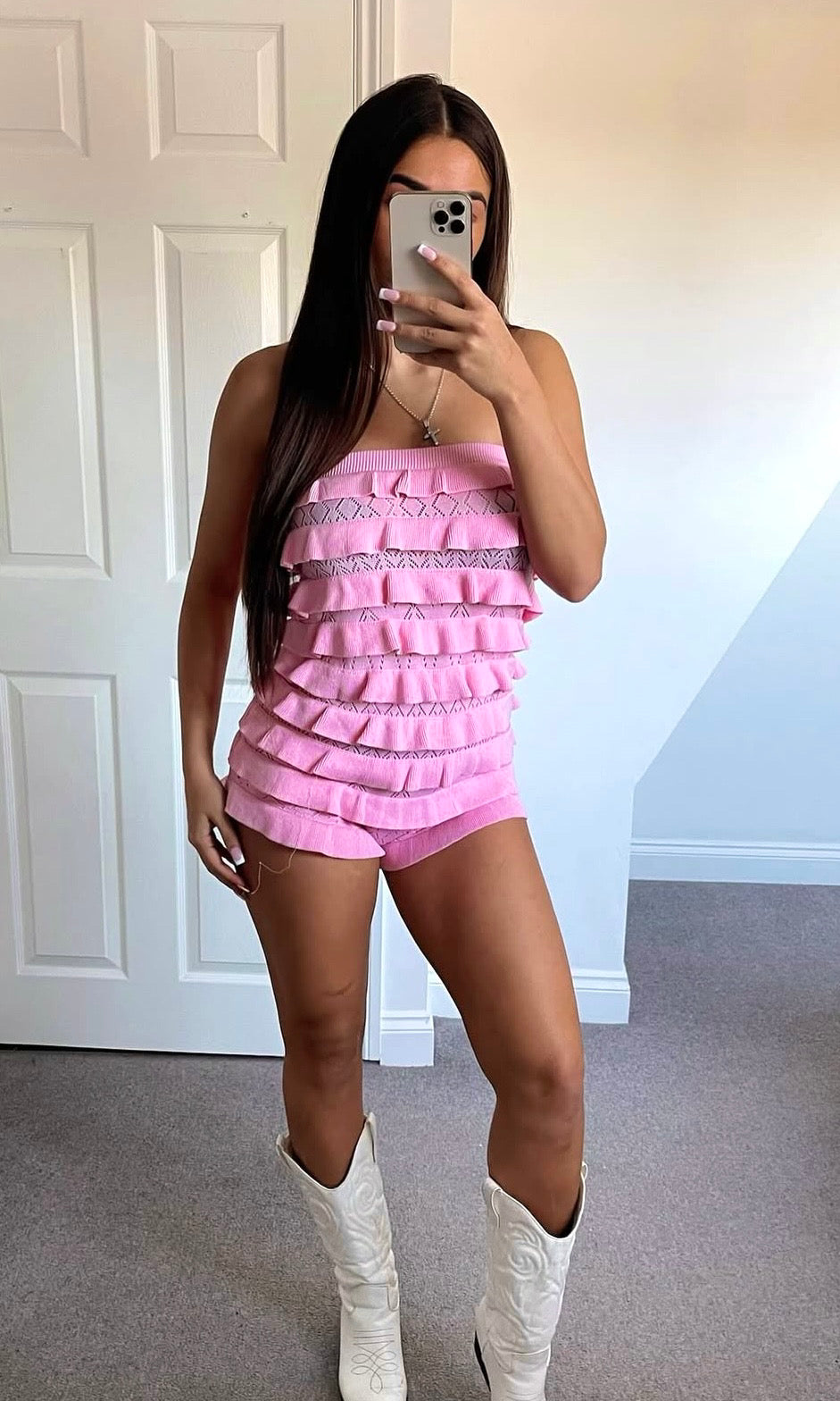 LEYLA | Ruffle Crochet Bandeau Playsuit - Pink