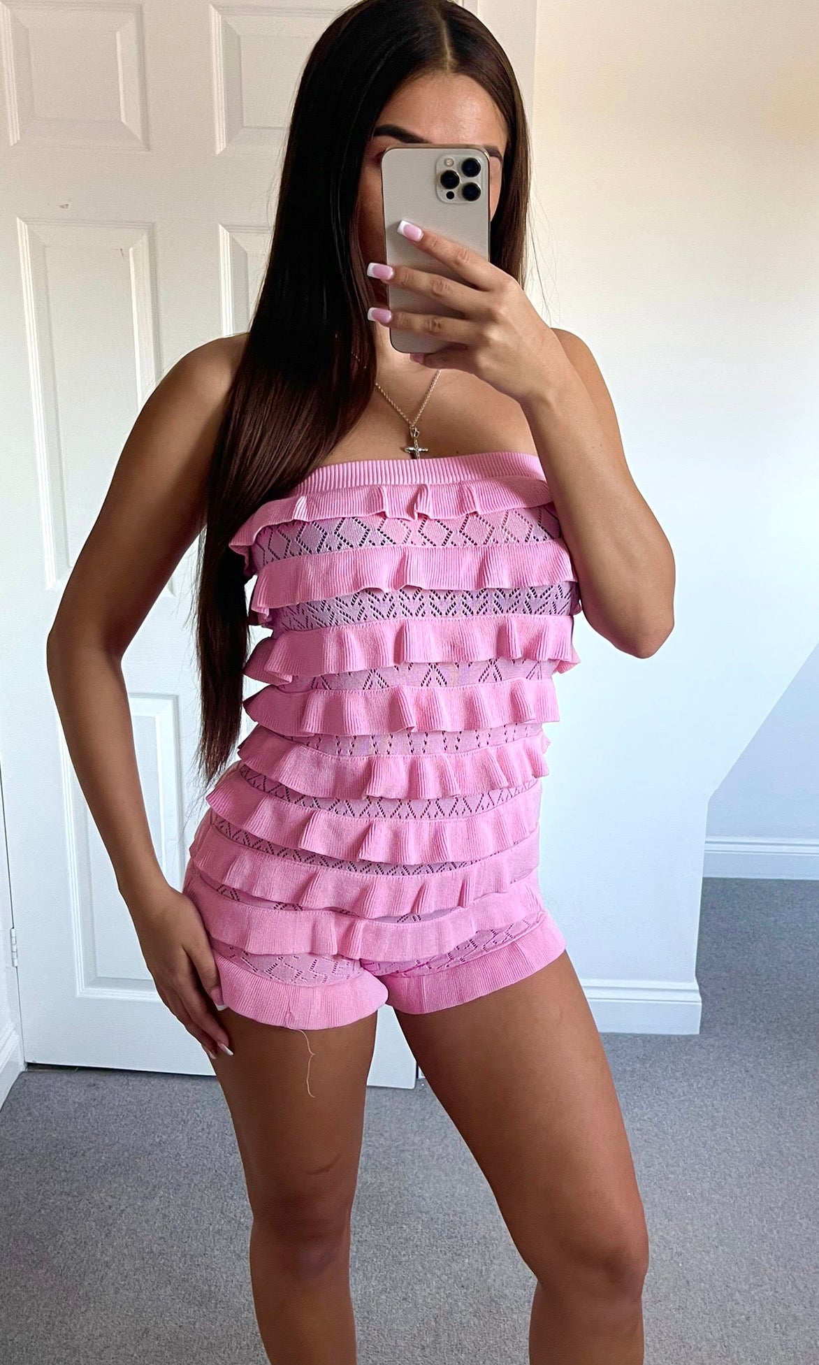 LEYLA | Ruffle Crochet Bandeau Playsuit - Pink