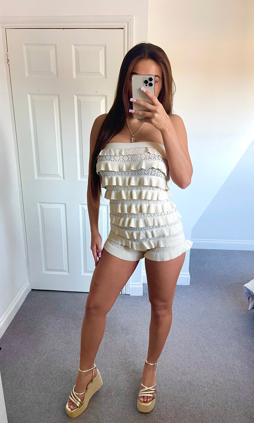 LEYLA | Ruffle Crochet Bandeau Playsuit - Cream