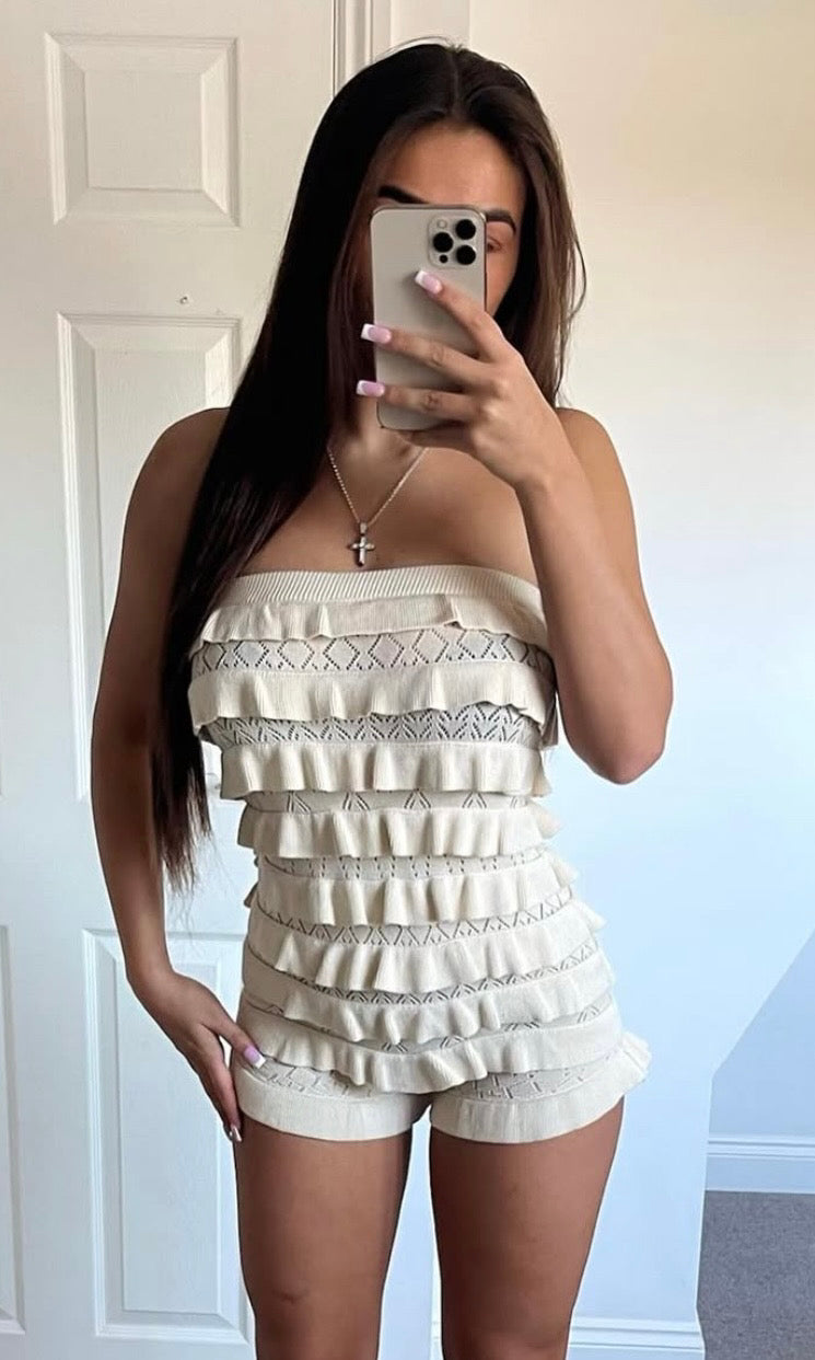 LEYLA | Ruffle Crochet Bandeau Playsuit - Cream