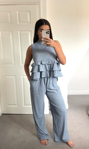 FLORA | Ruffle Top & Trouser Set - Blue / Grey