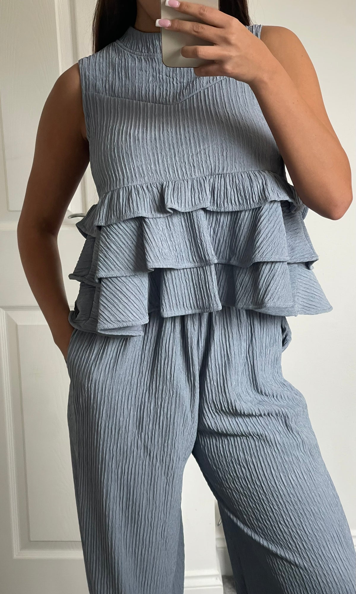 FLORA | Ruffle Top & Trouser Set - Blue / Grey