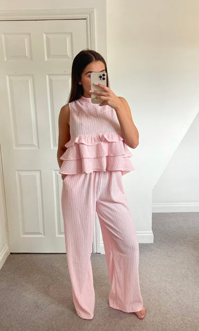 FLORA | Ruffle Top & Trouser Set - Baby Pink