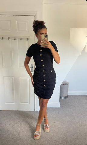 ARABELLA | Ruffle Pattern Gold Button Detail Dress - Black