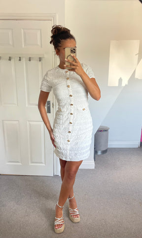 ARABELLA | Ruffle Pattern Gold Button Detail Dress - White