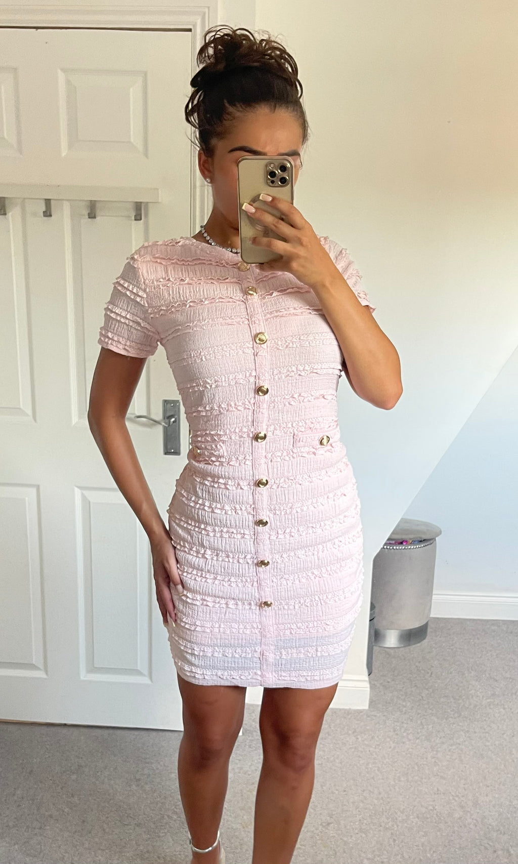 ARABELLA | Ruffle Pattern Gold Button Detail Dress - Pink
