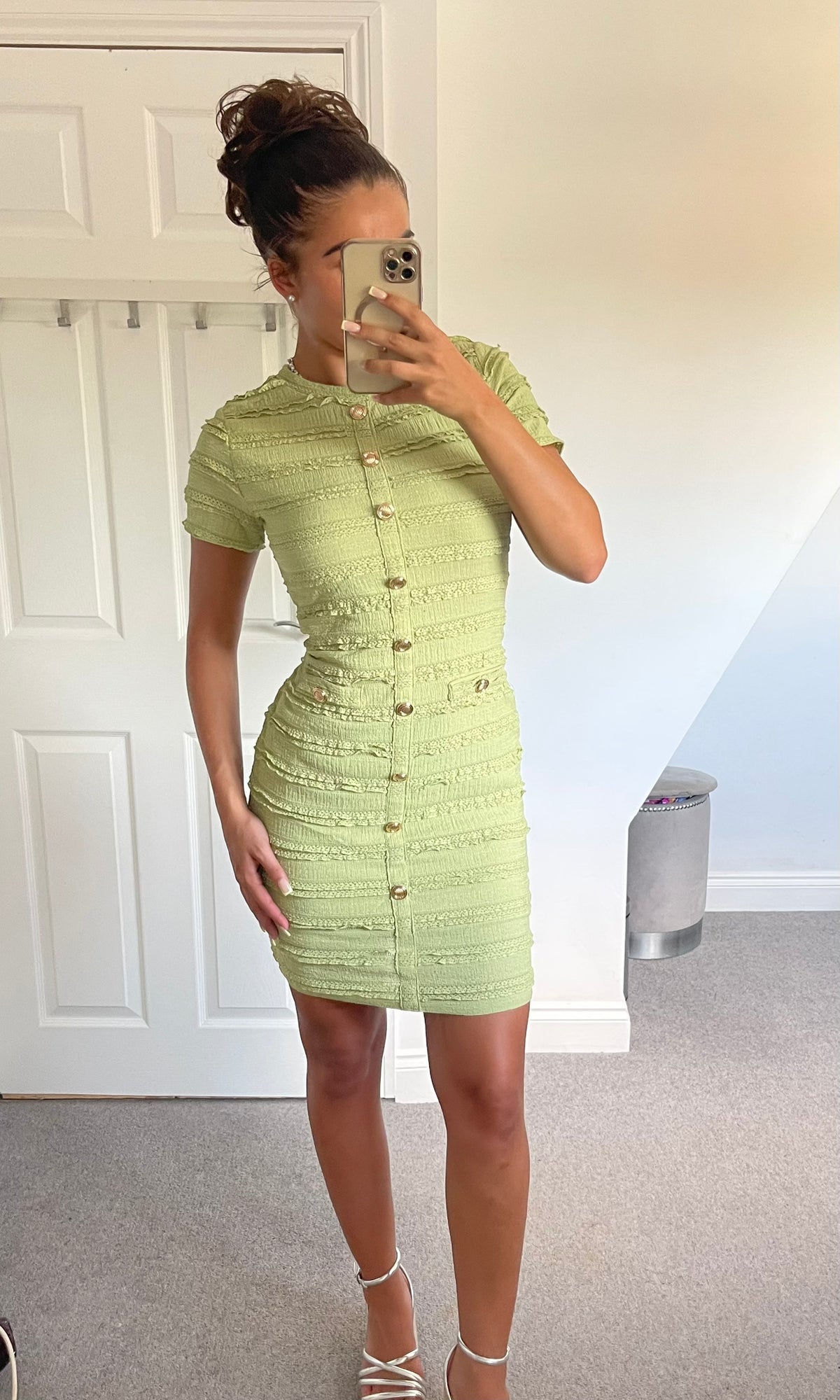 ARABELLA | Ruffle Pattern Gold Button Detail Dress - Olive