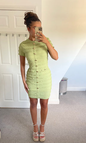 ARABELLA | Ruffle Pattern Gold Button Detail Dress - Olive