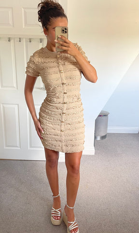 ARABELLA | Ruffle Pattern Gold Button Detail Dress - Mocha
