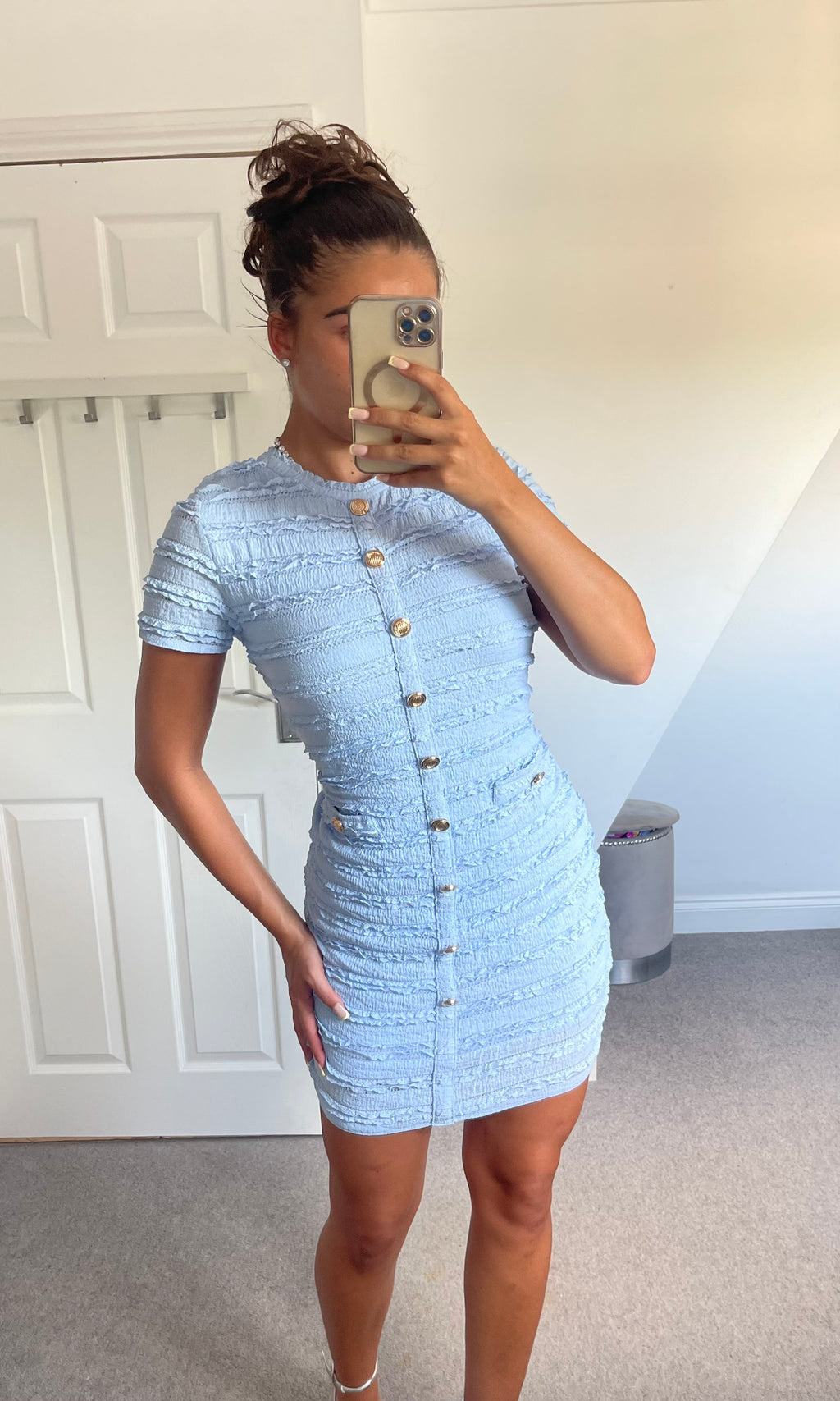 ARABELLA | Ruffle Pattern Gold Button Detail Dress - Baby Blue