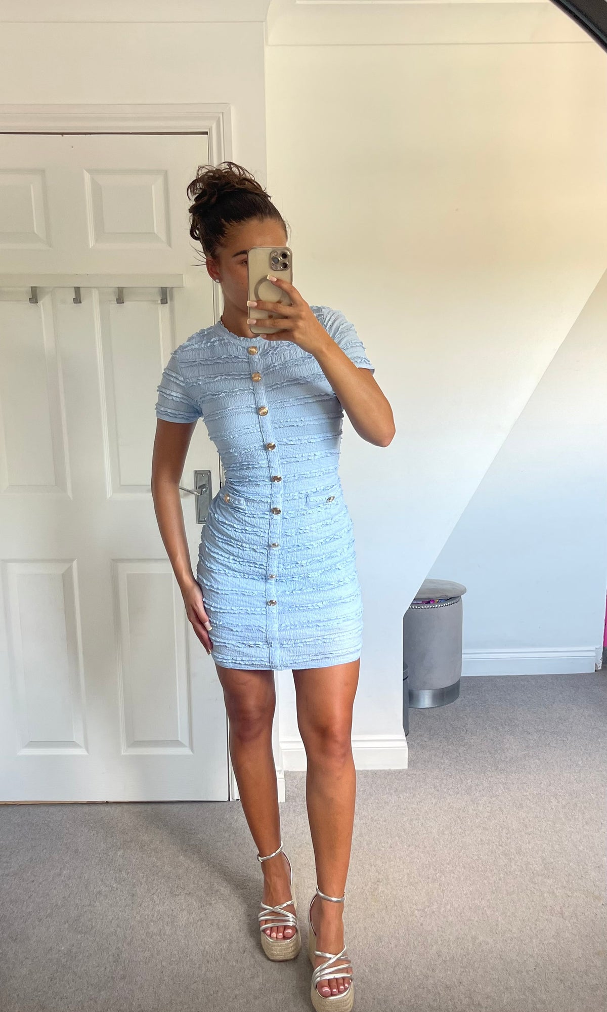 ARABELLA | Ruffle Pattern Gold Button Detail Dress - Baby Blue