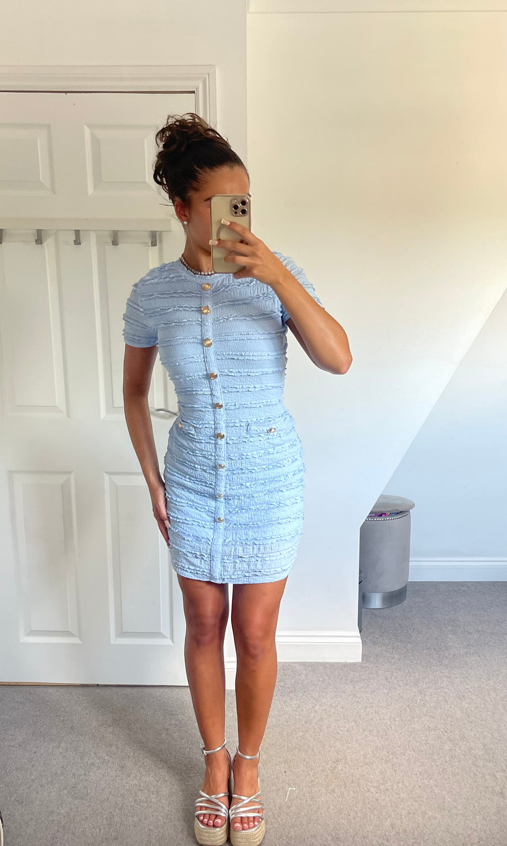 ARABELLA | Ruffle Pattern Gold Button Detail Dress - Baby Blue