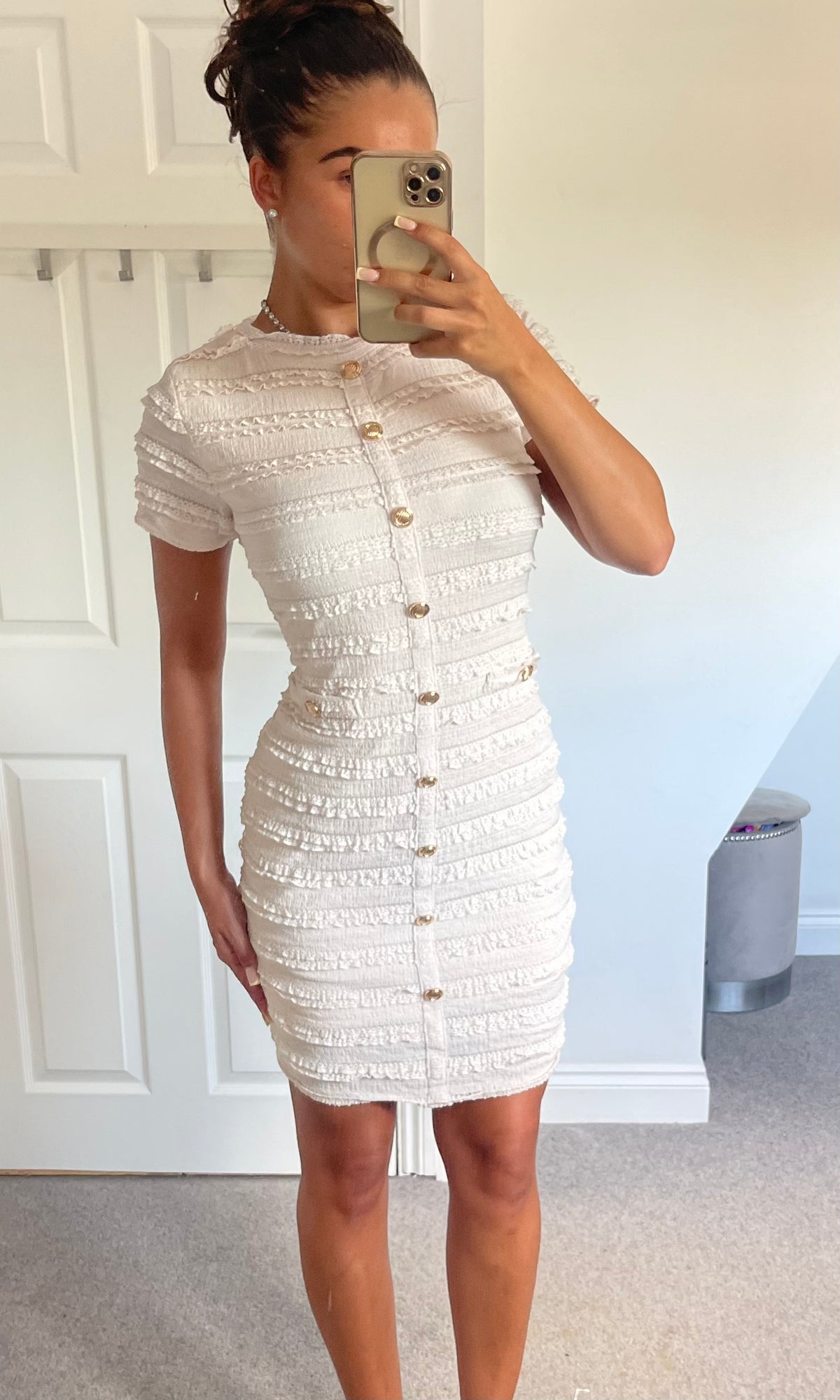 ARABELLA | Ruffle Pattern Gold Button Detail Dress - Cream