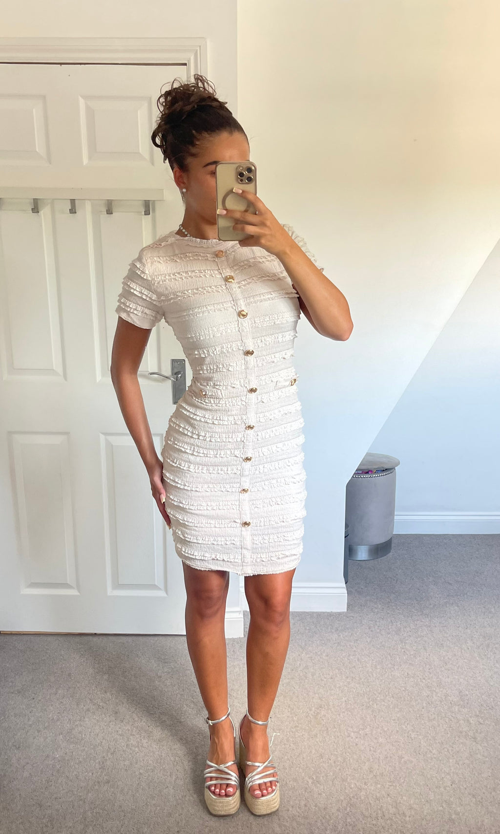 ARABELLA | Ruffle Pattern Gold Button Detail Dress - Cream