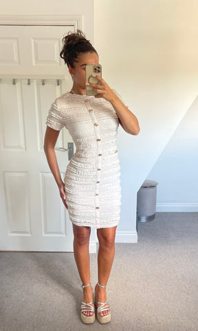 ARABELLA | Ruffle Pattern Gold Button Detail Dress - Cream