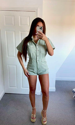 NELLY | Oversized Denim Playsuit - Khaki