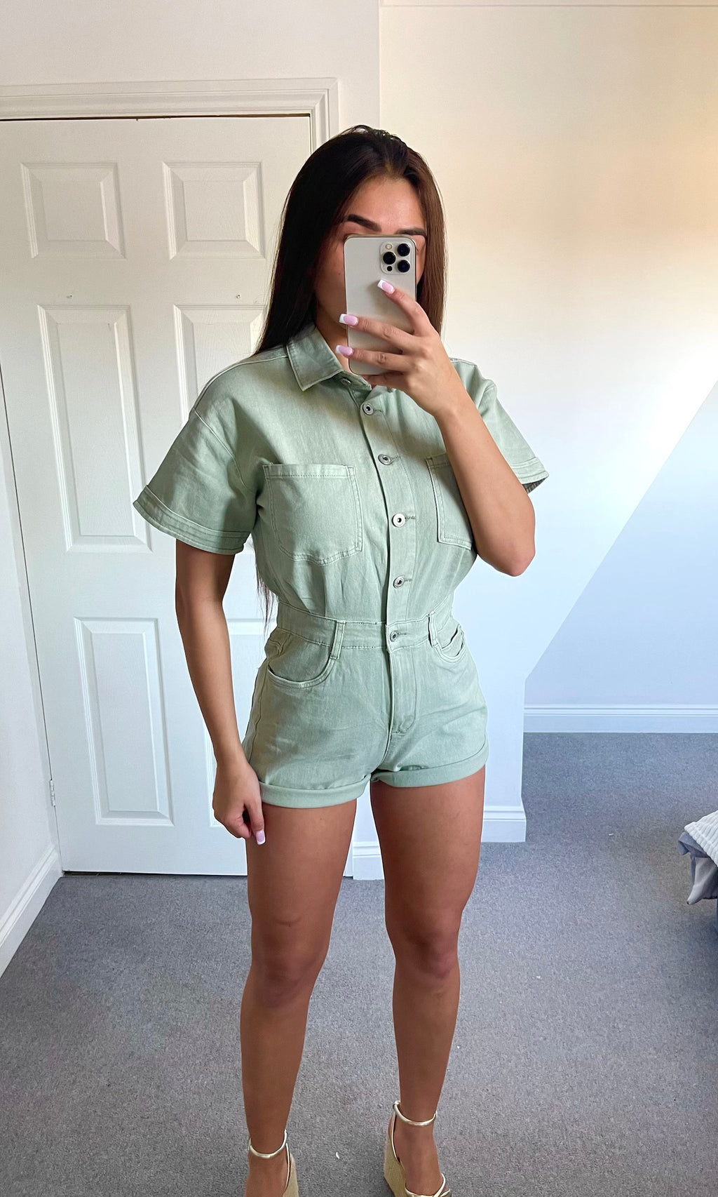 NELLY | Oversized Denim Playsuit - Khaki